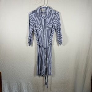 Monteau Los Angeles Blue White Striped Shirt Dress Roll Tab Sleeve Small Rayon